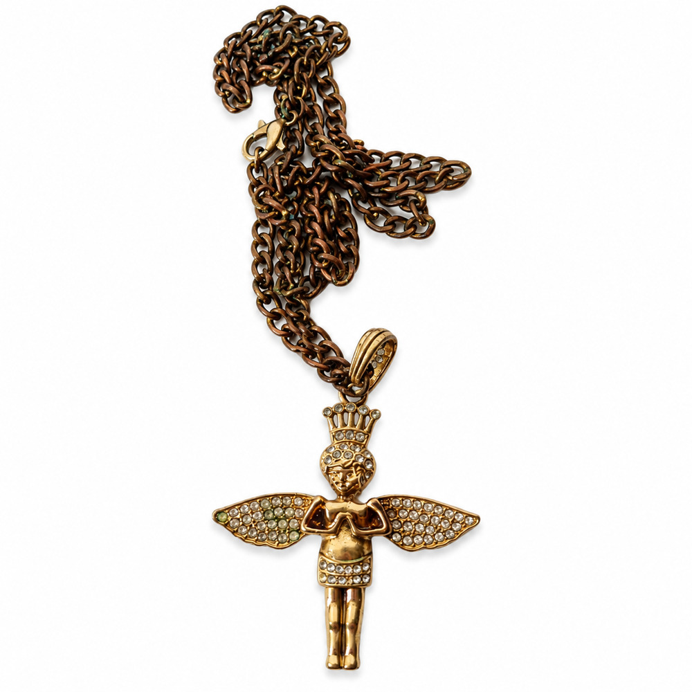 Gold Tone Rhinestone Angel King Pendant Necklace Crowned Winged Figure Chain Jew